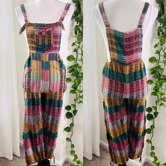 Colorful Patchwork Soft Cotton Boho Hippie Overall Jumpsuit - Size Small - Picture 1 of 8